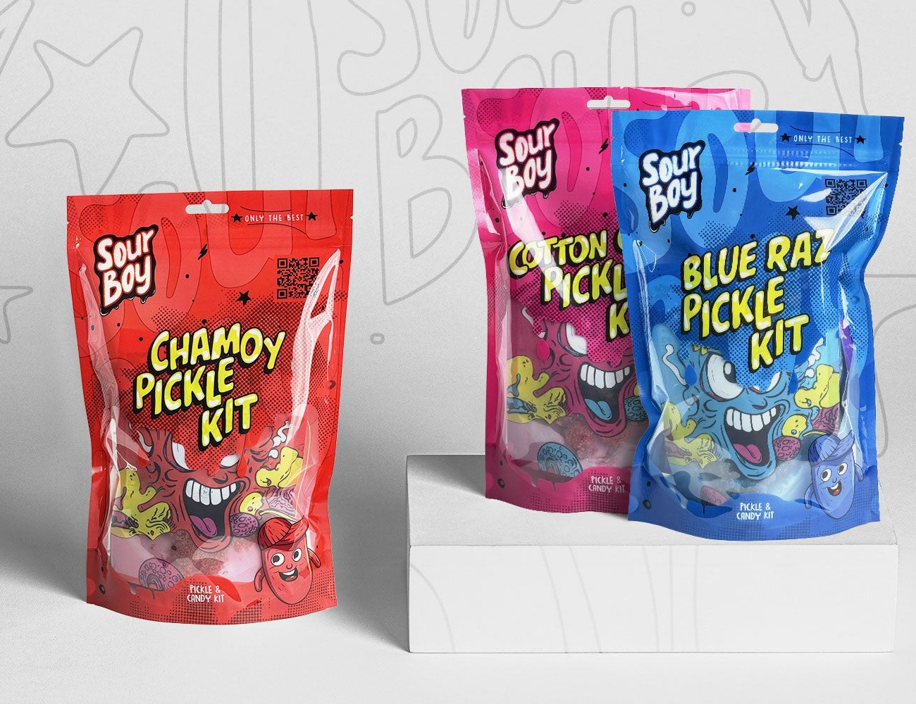 SourBoy chamoy, cotton candy, and blue raspberry pickle kit bags
